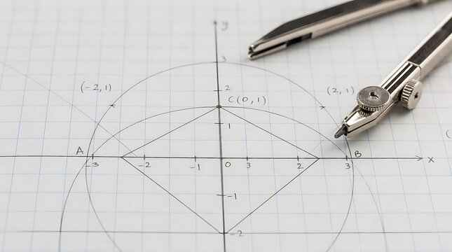 Metallic drafting compass resting on blue grid paper with hand drawn geometric shapes and coordinate axes