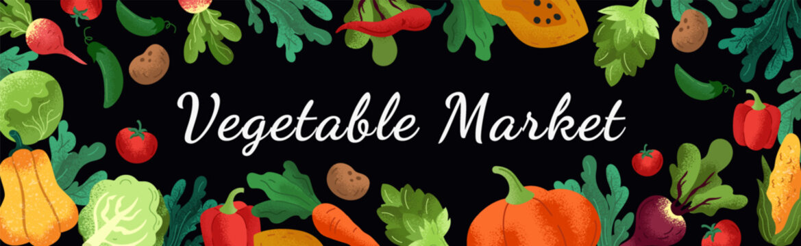 Farm crop texture. Plant harvest. Vegetable market, grocery. Fresh cartoon garden. Fruit produce, vegetation for supermarkets. Goods template. Horizontal banner background. Vector tidy isolated set