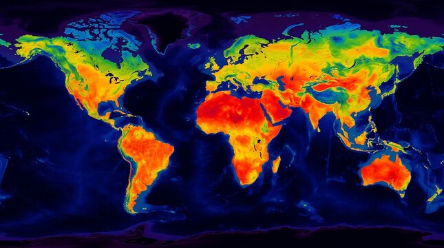 Global thermal map illustrating temperature distribution across continents with color-coded heat intensity zones