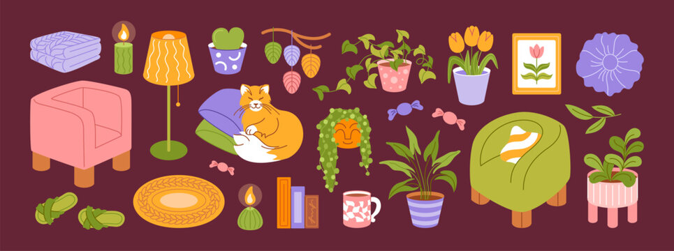 Home interior cozy. House room with sofa, armchair, chair icons. Doodle comic furniture. Floral pillow. Vintage decor, rest colorful hygge element. Vector cartoon sticker, isolated illustration set