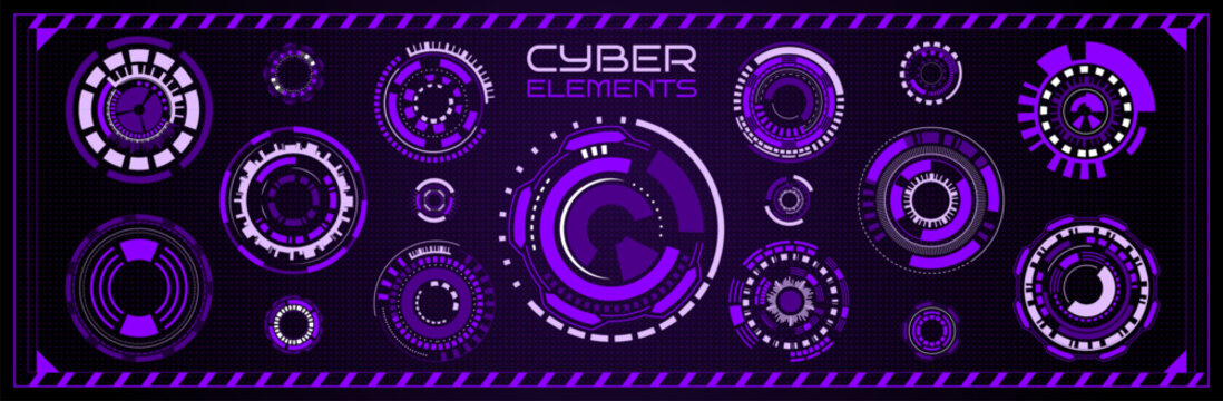 Interface HUD. Circle of UI. Touch user element. Futuristic tech shape round. Technology digital, graphic cyber. Frame screen, border rings. Vector garish visualization panel isolated objects set