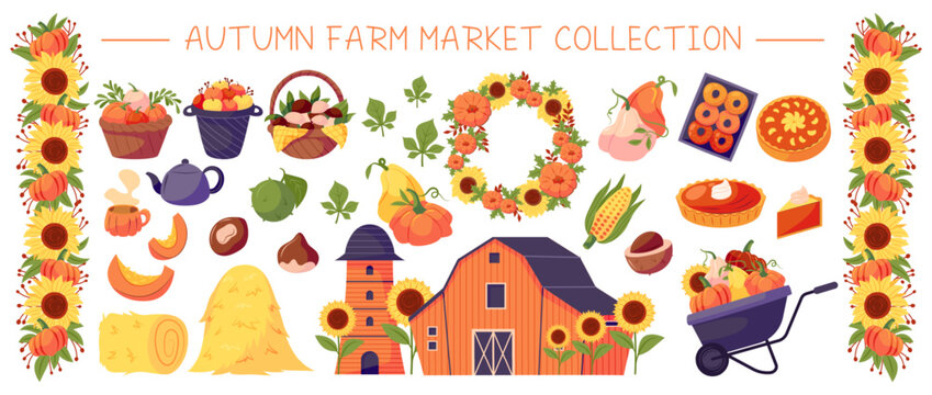 Autumn decor. House farm. Pumpkin on door. Apple pie in basket. Barn, farmhouse patch. Harvest sunflower in wheelbarrow. Thanksgiving fall. Vector garish element cartoon flat isolated illustration