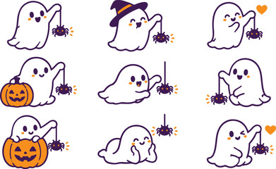 Fototapeta premium Cute Kawaii Ghost Characters With Spiders And Pumpkins Set
