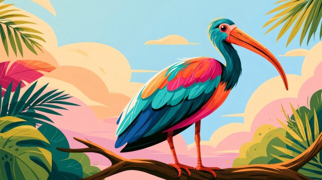 Colorful ibis bird standing on tropical branch