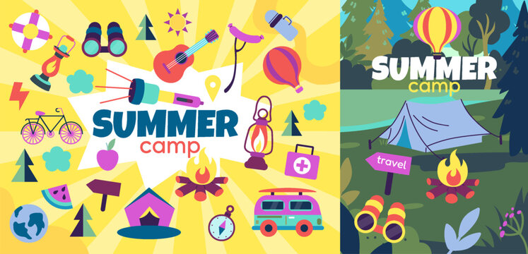 Camp summer kid. School holiday with campground. Travel banner, sport party. Education children activity. Poster vacation. Flyer for event. Vector tidy cartoon flat style isolated illustration set