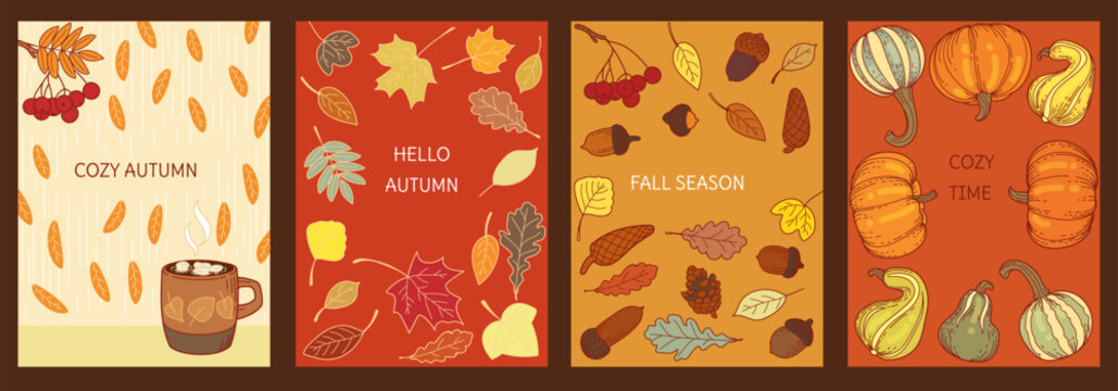 Autumn poster. Greeting card. Fall leaves. Oak branches, pumpkin. Sketch hot drink. Maple tree hand drawing. Doodle seasonal holiday. Vector print decor cartoon flat style isolated illustration set