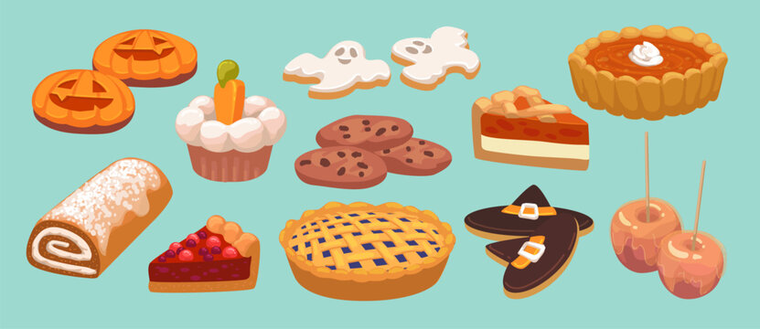 Autumn meal. Food pumpkin. Halloween sweets. Fall bakery. Apple pie, bright dessert, cake, candy assortment. Snack icon. Holiday treats. Festive graphic design elements. Vector isolated illustration