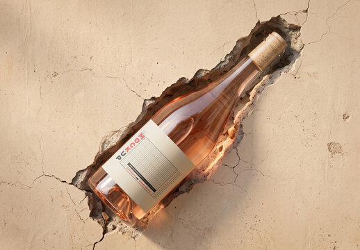Rosé wine Bottle Label Mockup in wall Crack