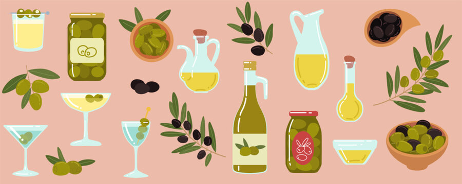 Olive element. Cute hand drawn oil bottle, glass jar. Martini cocktail, branch. Skewer with leaf. Mediterranean food organic culinary assortment botanical drink. Vector cartoon flat style isolated set