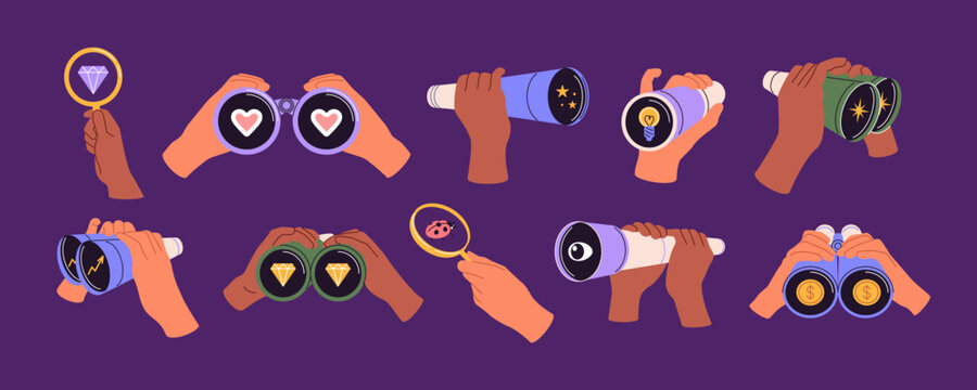 People hands with binoculars. Look through magnifier, glasses. Curiosity of search, discovery business and life. Telescope to observe. Job find icon. Vector cartoon flat style isolated illustration