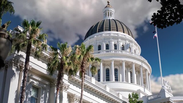 Watch clouds race by over the California State Capitol in Sacramento with a bright blue sky in the background.