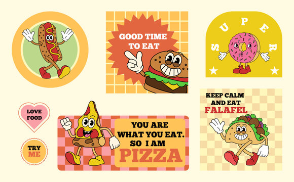 Funny fast food characters. Cartoon hot dog, burger, donut, pizza and taco on retro posters with slogans, food branding elements for menus, promo and packaging design. Vector isolated illustration