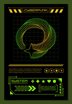 Futuristic cyber interface poster. Neon grid wireframe with abstract circular arrow and star, plus system panels, sci-fi UI design elements for digital dashboard, gaming technology vector illustration