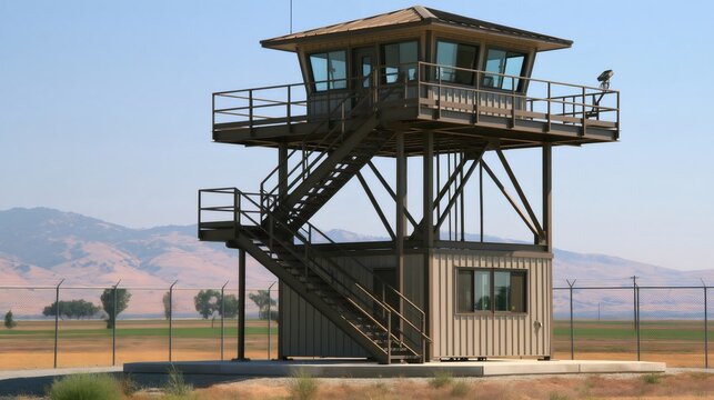Security watchtower observing prison grounds with fence and mountains