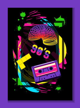 Neon 90s collage poster. Vibrant retro composition with retro toy, cassette tape, geometric blocks, brush strokes and paint splashes, nostalgic pop culture graphic design. Vector isolated illustration