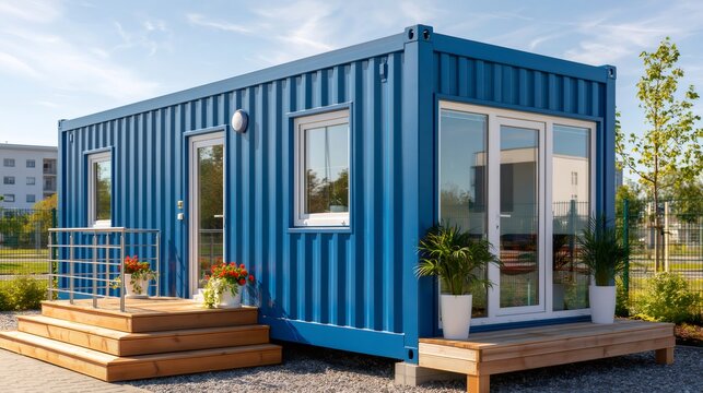 Blue shipping container house creating modern modular dwelling