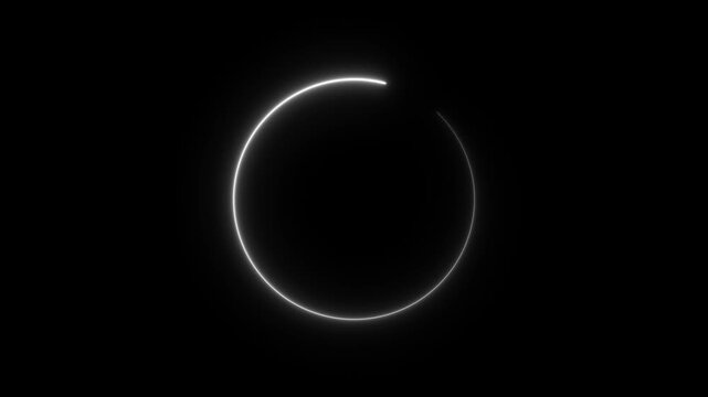 4k ultra hd 3840x2160 white neon circle loading animation glowing ring spinner symbol dark background motion graphic looping video overlay