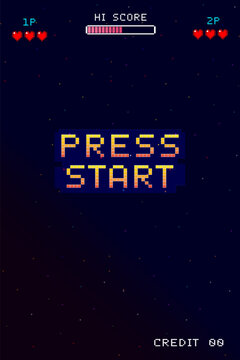 Press Start, insert coins to continue playing. 8-bit pixel art image, retro sci-fi background from vintage computer arcade games, vertical background.