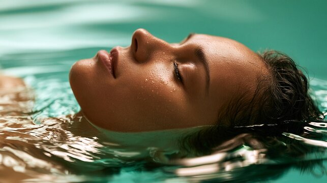 Woman floating peacefully in turquoise water with eyes closed