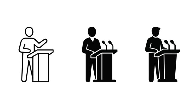 Set of three black and white icons depicting people speaking at podiums