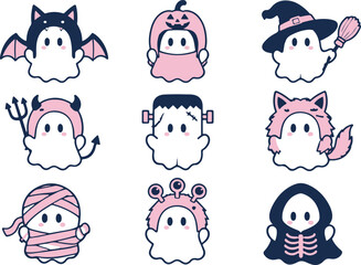 Obraz premium Cute Kawaii Ghost Characters Dressed In Halloween Costume Set