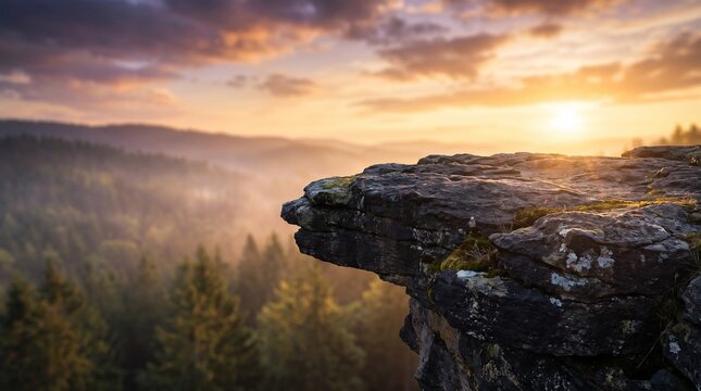 Rocky stone cliff ledge overlooking a dense misty forest valley during sunset, generative AI