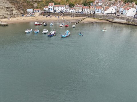 aerial view of Staithes fishing port in the borough of Scarborough in North Yorkshire, England