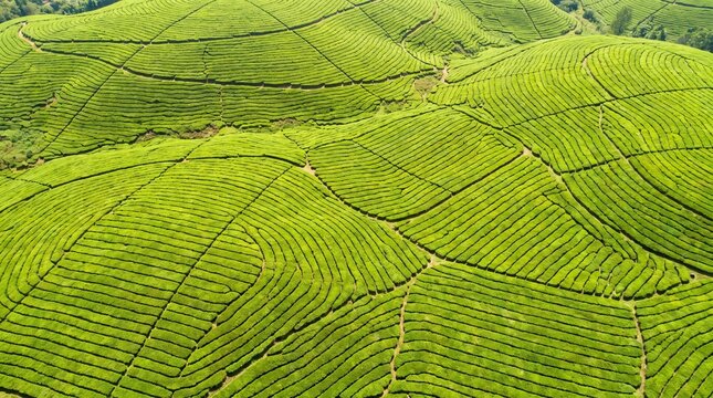 Aerial drone view of lush green tea plantation terraces and rolling hills pattern, generative AI