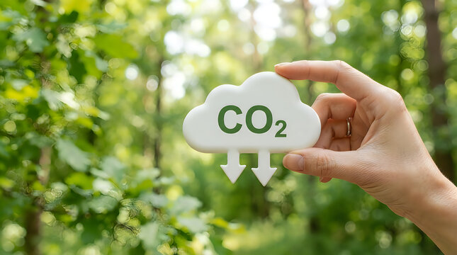 A hand holding a white cloudshaped sign with co2 text and downward arrows against a blurred green forest background representing carbon reduction and environmental sustainability