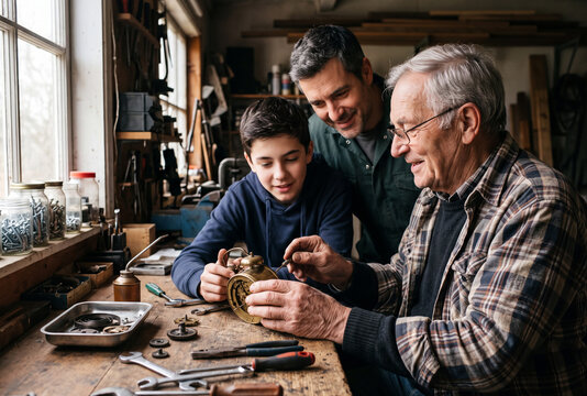 Three generations of men working together to repair a mechanical clock in a traditional workshop, representing family skills, mentorship, craftsmanship and knowledge sharing.