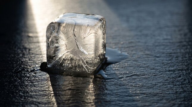 Macro shot of a melting clear ice cube with internal cracks on a dark slate surface, generative AI