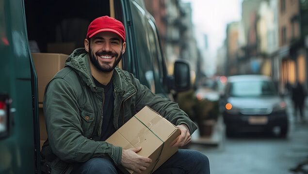 Smiling Delivery Courier in Jacket and Beanie Handing Package Viewed from Inside Car