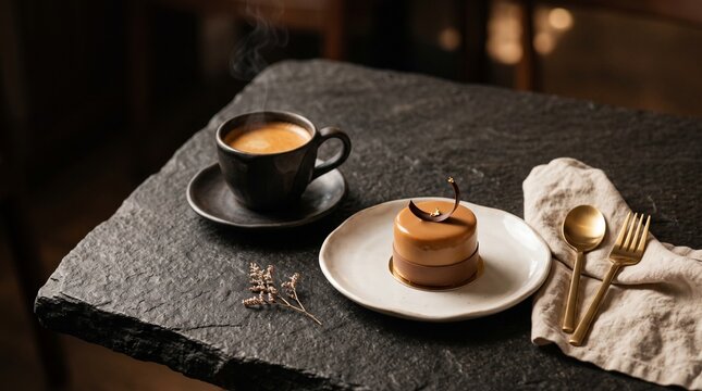 Luxury gourmet dessert and espresso still life elegantly arranged on a dramatic dark slate stone table, featuring a sophisticated caramel mousse cake with glossy glaze and delicate chocolate garnish.