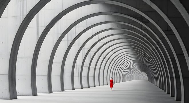 Minimalist Architectural Perspective woman in red dress walking through repetitive concrete arches ideal for conceptual art and fashion editorials.