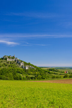 Falkenstein ruins and town with vineyard, Lower Austria, Austria