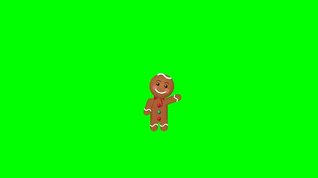 Cute playful 3D cartoon gingerbread boy cookie dancing and celebrating on a pure chroma green screen. High-quality seamless 10-second loop with smooth animation, baked cookie texture, and icing detail