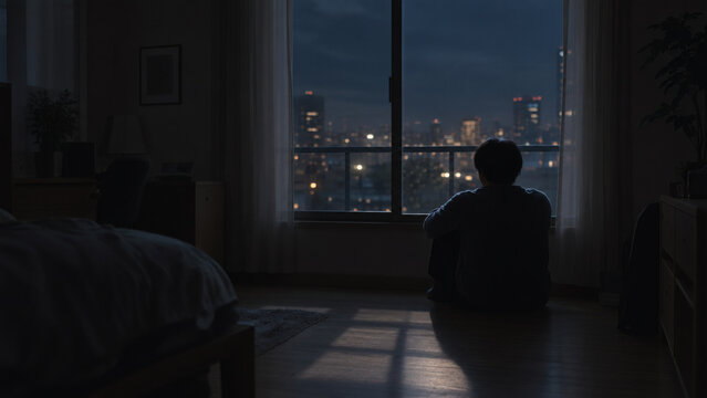 Lonely man sitting in dark bedroom looking at city lights at night