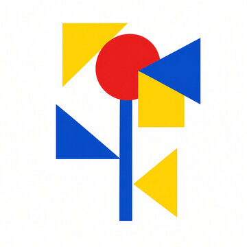 Bauhaus style geometric flower illustration, abstract primary color floral composition, minimalist red yellow and blue shapes on white background