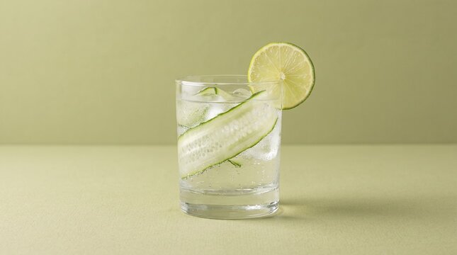Refreshing sparkling cucumber lime water glass tumbler on a solid pale green background, generative AI