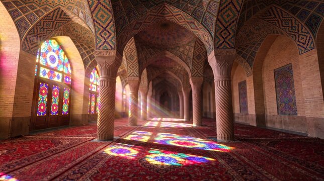 Historic mosque interior bathed in warm golden light at sunrise