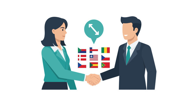 International Business Partnership and Global Trade Concept Illustration with Professional Handshake and National Flags
