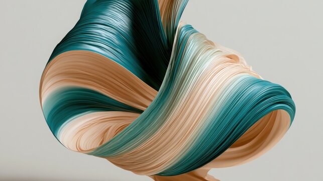 Abstract swirling ribbons of teal and beige paint flowing in a three dimensional space