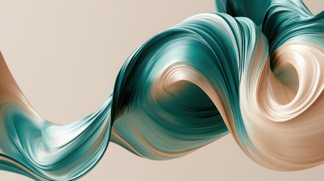 Abstract flowing ribbons of teal and beige paint swirling on a neutral background