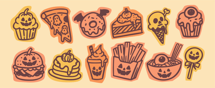 Hand drawn Halloween food doodle set featuring spooky treats and snacks in a playful retro style for seasonal crafts, stickers, prints, and packaging