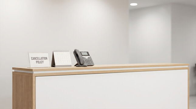 A reception desk featuring a cancellation policy sign, a desk calendar, and a modern office telephone on top.