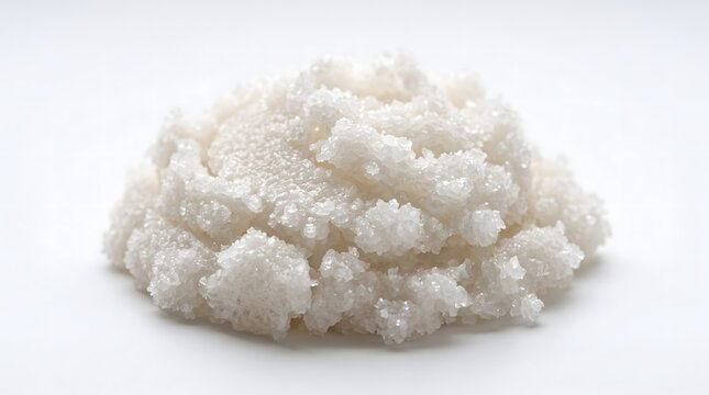 A small mound of coarse white sea salt crystals on a white background with mineral salt cooking ingredient food seasoning kitchen staple salt pile