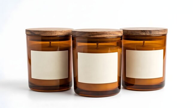 Three amber glass candles with blank labels standing on a white table scented candles glass jars blank label candle set home decor soy wax