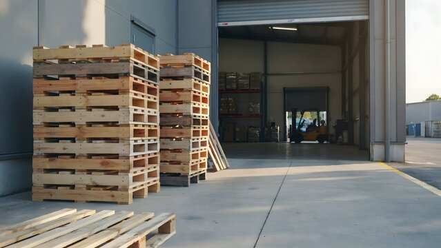 Wooden Pallets Stacked Outside Warehouse Entrance for Industrial Use