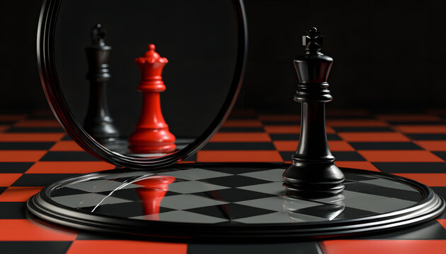Black chess king looks in the mirror at the red king's reflection. Strategic game play and self-reflection concept. Business decisions planning can either result in a win or a loss.