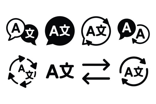 Language translation symbols with circular speech bubbles, multilingual communication icons, dialogue concepts, language exchange graphics, and international communication design.